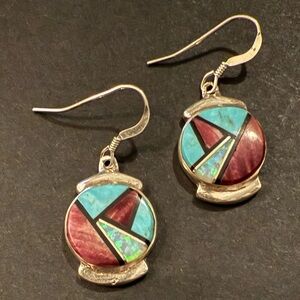 Native American Sterling Silver Inlay Drop Earrings - Turquoise, Opal & Onyx
